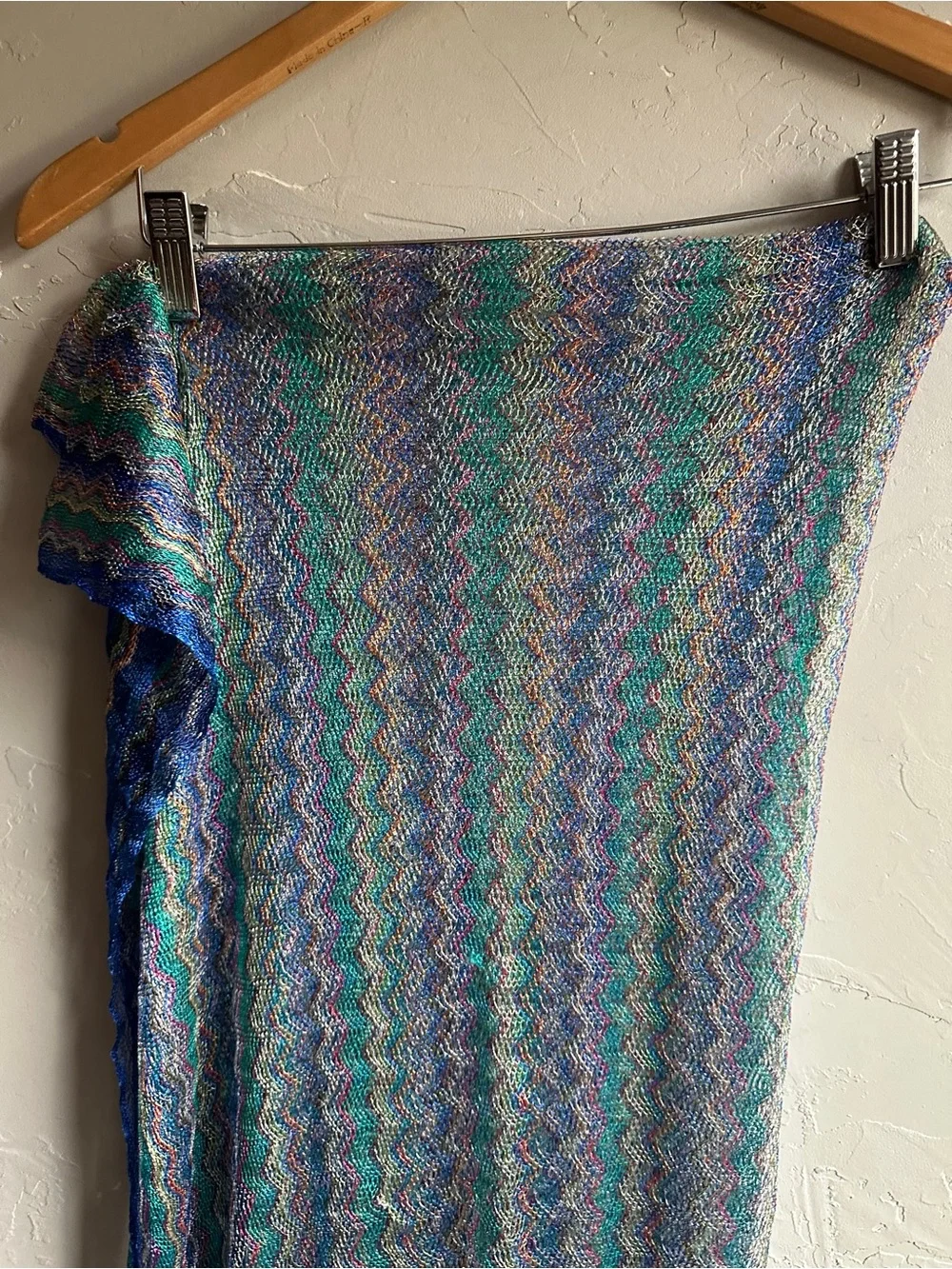 Metallic Mesh Knit Fringe Shawl Teal Blue Boho Festival Y2K Scarf 74x34